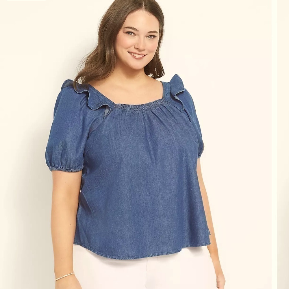 LANE BRYANT Plus 18 Classic Square-Neck Top With Ruffles chambray women’s cotton